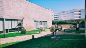 Outdoor courtyard of the facilities of the Jesús Usón Minimally Invasive Surgery Center in Cáceres, where artistic statues related to surgery reside